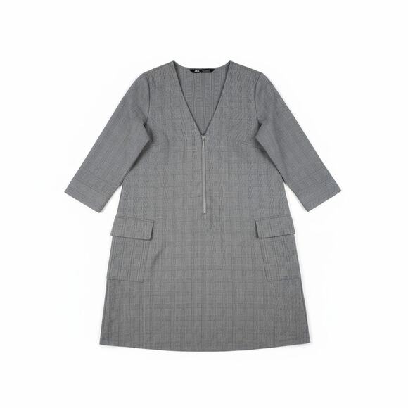ZARA Glen Plaid V-Neck Patch Pocket Zip-Front Modern Sheath Dress - Size S - Picture 1 of 8